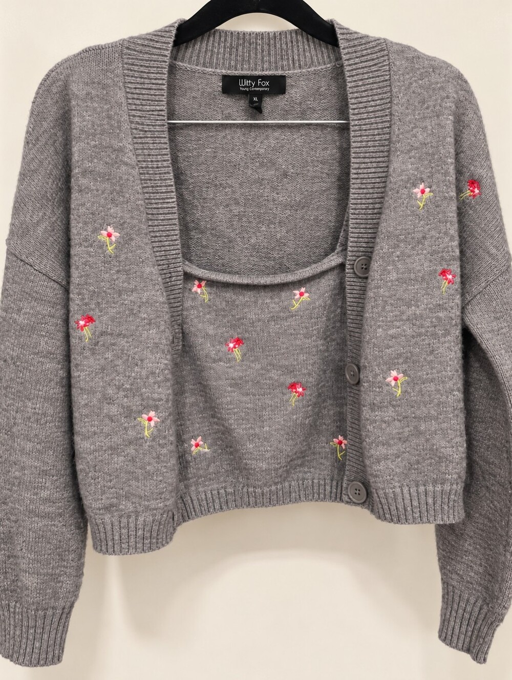 Coquette Y2K Witty Fox XL Floral Embroidered Cardigan Cami 2 Piece Sweater Set